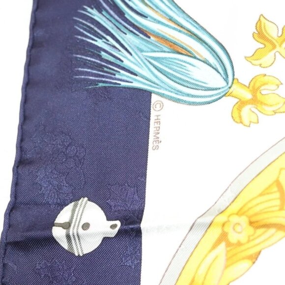 HERMES Carre 90 Scarf ""Plumes et Grelots"" Silk Navy - Picture 12 of 14
